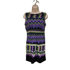 Sandra Darren Sheath Dress 8P Green Geometric Lined Polyester Knee Length